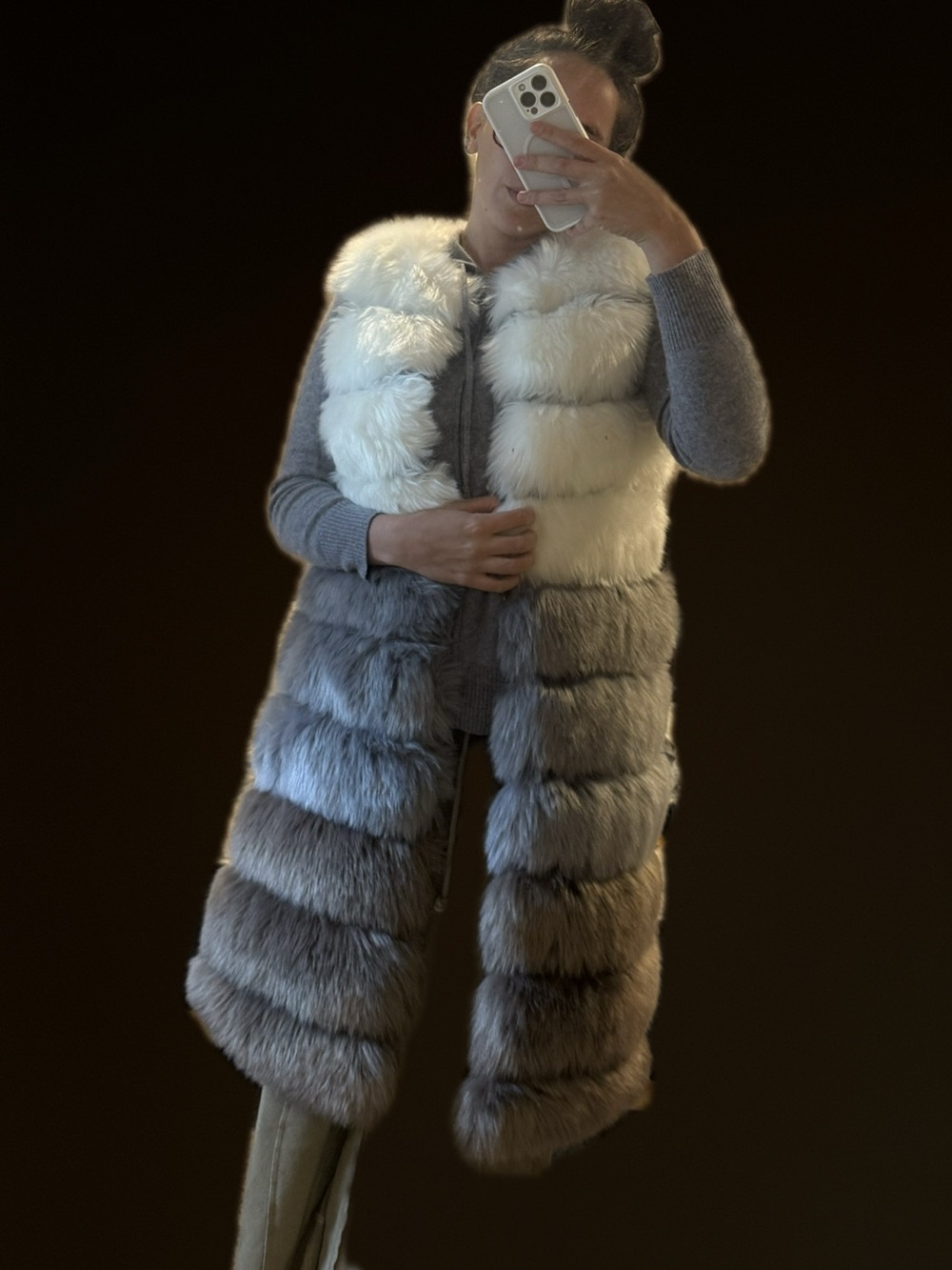 Two-Tone Long Faux Fur Vest in White and Gray